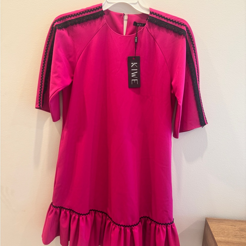 Kiwi Hot Pink Ruffle-Hem Mini Dress with Black Trim